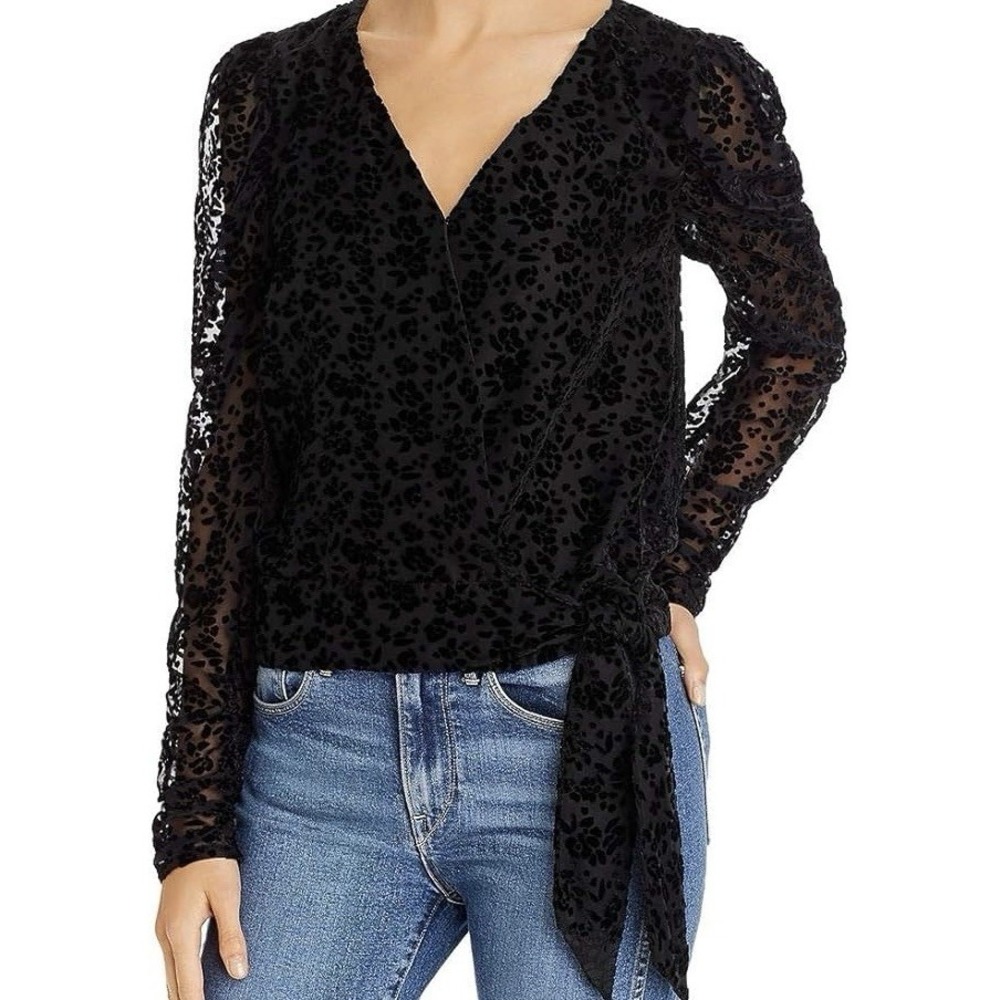 PARKER Black Velvet Burnout Tie Front Wrap Blouse Size M Long Sleeve Lined NWT‎